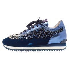 Le Silla Blue Velvet & Leather Crystal Embellished Low Top Sneakers Size 38.5