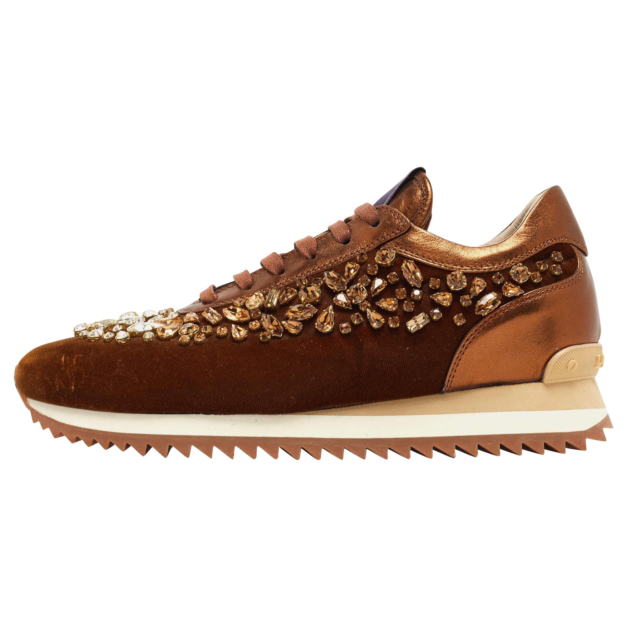 Le Silla Brown Velvet and Leather Crystal Embellished Low Top Sneakers Size 38.5 For Sale
