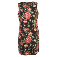 Dolce & Gabbana Schwarzes ärmelloses Kleid aus Jacquard mit Blumendruck XL