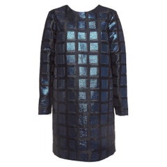 Kenzo Blue/Black Metallic Square Jacquard Long Sleeve Shift Dress L