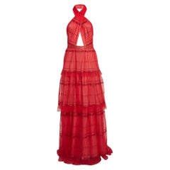 Tadashi Shoji Red Sequin Tulle Halter Neck Pleats Layered Gown M