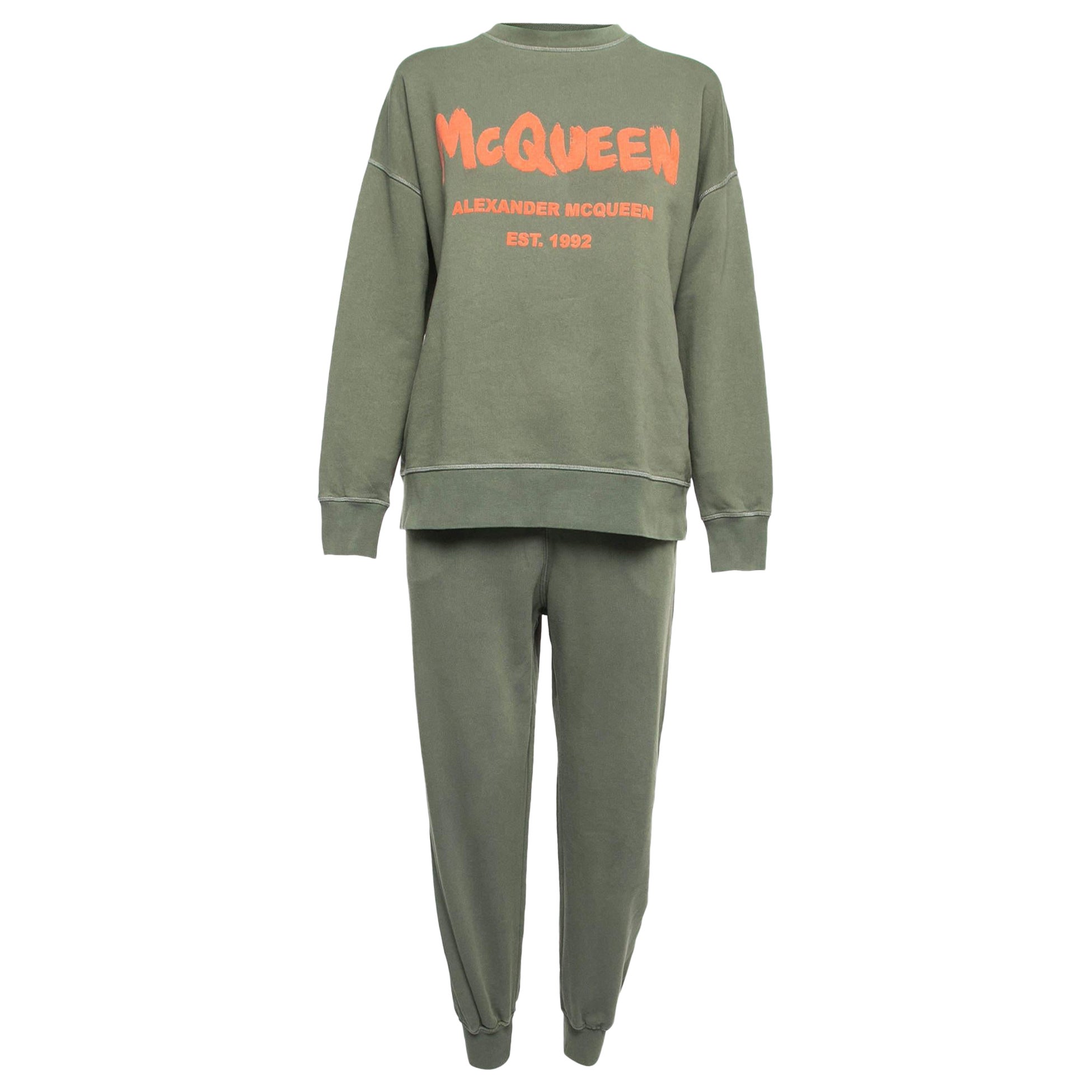 Alexander McQueen Military Green Logo Print Cotton Jogger Sweatshirt Set M/S For Sale