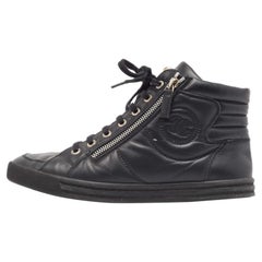 Chanel Black Leather CC High Top Sneakers Size 38.5 
