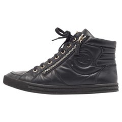 Chanel Black Leather CC High Top Sneakers Size 38.5
