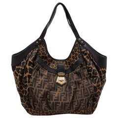 Fendi Tobacco Zucca and Leopard Print Canvas Borsa Chef Tote