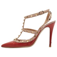 Valentino Red/Dusty Pink Leather Rockstud Ankle Strap Pumps Size 39