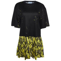 Prada Black Banana Print Cotton Peplum Dress M