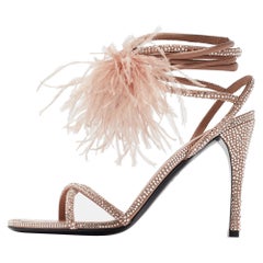 Valentino Beige Satin & Leather Crystal Embellished Ankle Strap Sandals Size 38