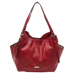 Used Burberry Red Leather Small Canterbury Tote