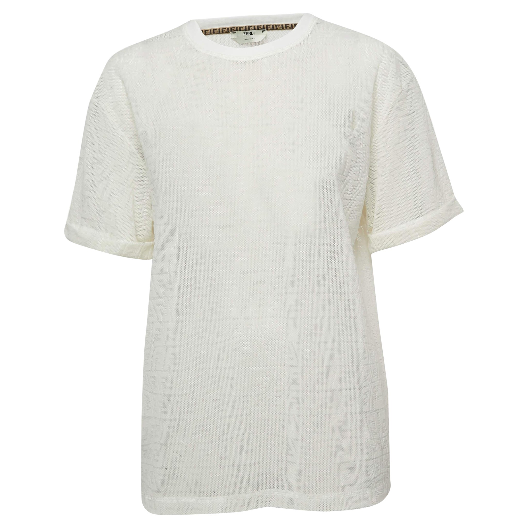 Fendi Ivory White Wave FF Mesh T-Shirt M For Sale