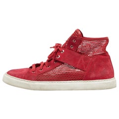 Chanel Red Suede and Mesh High Top Sneakers Size 41.5