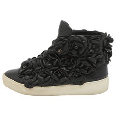 Chanel Black Leather Camelia High Top Sneakers Size 38.5