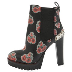 Alexander McQueen Black/Red Floral Print Leather Studded Ankle Boots Size 36
