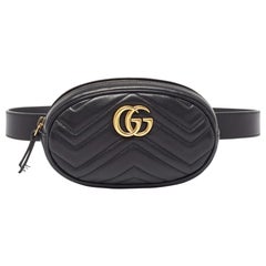 Used Gucci Black Matelassé Leather Mini GG Marmont Belt Bag