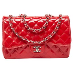 Chanel Red Quilted Patent Leather Jumbo Classic Single Flap Bag