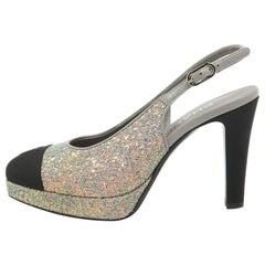 Used Chanel Grey/Black Glitter and Canvas Cap Toe Slingback Pumps Size 36.5