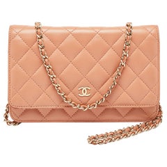 Chanel Peach Pink Quilted Leather Classic Wallet on Chain