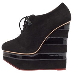 Charlotte Olympia Black Suede and Patent Leather Martha Wedge Booties Size 39.5