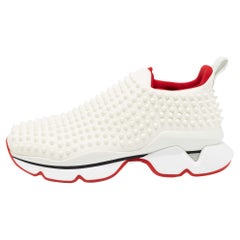 Used Christian Louboutin White Fabric Spike Slip On Sneakers Size 40
