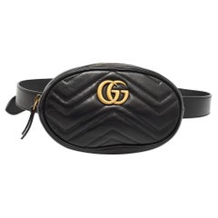 Used Gucci Black Matelassé Leather GG Marmont Belt Bag