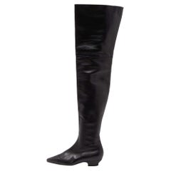 Used Chanel Black Leather Thigh High Boots Size 37