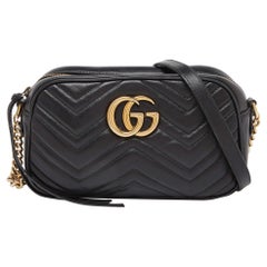 Gucci Black Matelassé Leather GG Marmont Camera Crossbody Bag