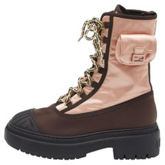 Fendi Pink/Brown Satin and Nylon Combat Boots Size 40