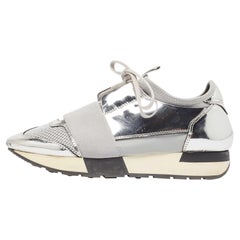 Balenciaga Silver Leather and Mesh Race Runner Sneakers Size 36