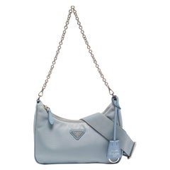 Used Prada Light Blue Nylon and Leather Re-Edition 2005 Baguette Bag