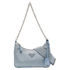 Prada Light Blue Nylon and Leather Re-Edition 2005 Baguette Bag