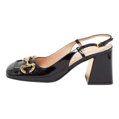 Gucci Black Patent Leather Horsebit Slingback Pumps Size 37.5