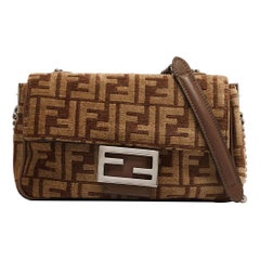 Fendi Beige/Brown Zucca Velvet and Leather Midi Chain Baguette Bag