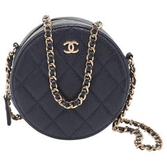 Chanel Navy Blue Quilted Caviar Leather CC Round Chain Clutch