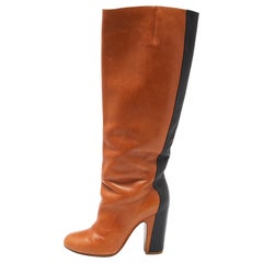 Used Maison Martin Margiela Brown/Black Leather Knee Length Block Heel Boots Size 40