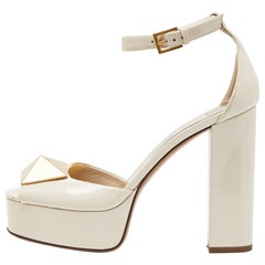 Valentino Cream Patent Leather Block Heel Sandals Size 37.5