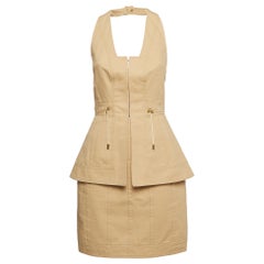 Balmain Beige Cotton Canvas Halter Neck Peplum Style Mini Dress S