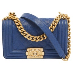 Used Chanel Navy Blue Leather Mini Boy Bag