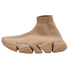 Balenciaga Beige Knit Fabric Speed Trainer High-Top Sneakers Size 39