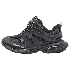 Used Balenciaga Black Faux Leather Mesh Track Sneakers Size 37