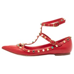 Valentino Red Leather Rockstud Ballet Flats Size 37