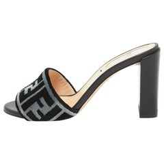 Fendi Black/Blue Zucca Velvet and Leather Slide Sandals Size 36