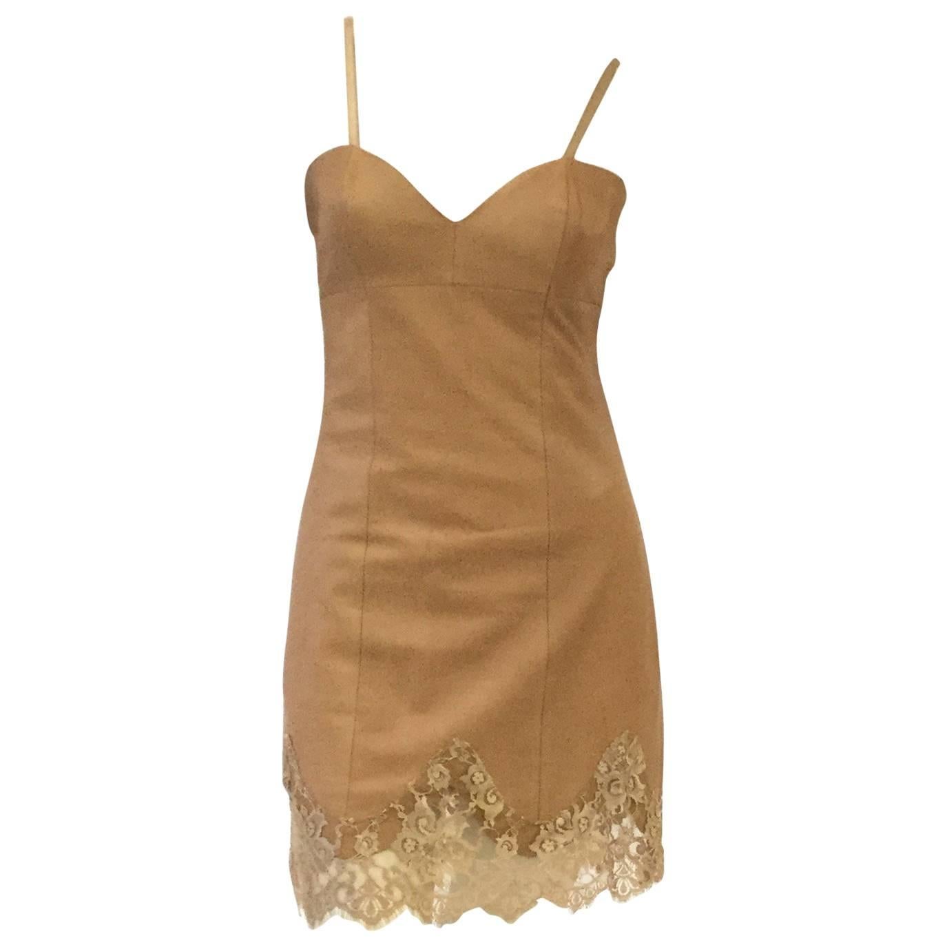 1980s Michael Hoban North Beach Caramel Slip Dress in Leather and Lace