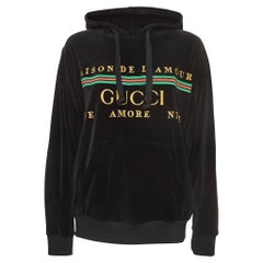 Gucci Schwarzer Logo bestickter Samt- Hoodie mit Kapuze XS