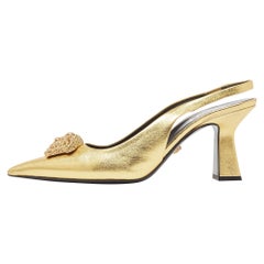 Versace Gold Leather Medusa Slingback Pumps Size 38