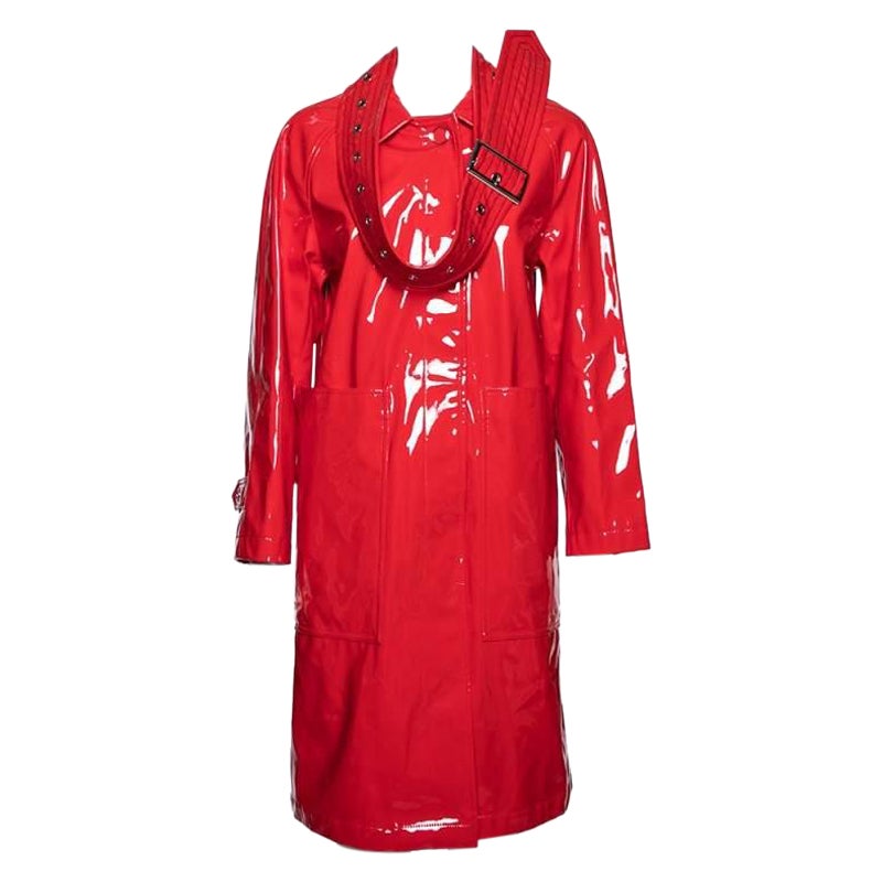 Burberry London Bright Red Faux Leather Belt Detail Coat S For Sale