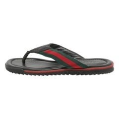 Used Gucci Black Leather Web Detail Thong Flats Size 36