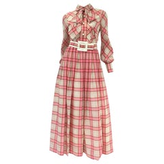 Victor Costa Pink Plaid Bow Collar Dress with Belt, 1970s 
