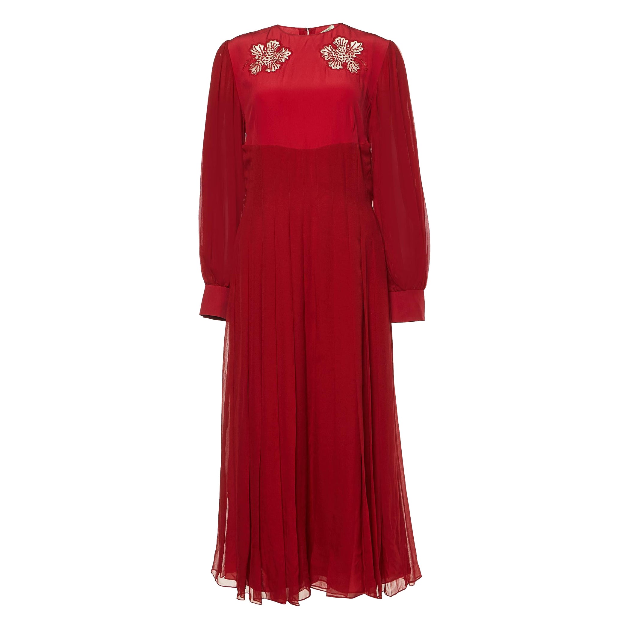Fendi Red Silk Pleated Midi Dress M For Sale