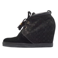 Louis Vuitton Nero Monogram Suede and Leather Wedge Sneakers Taglia 39.5