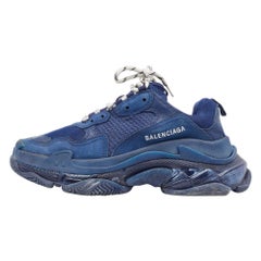 Balenciaga Navy Blue Leather and Mesh Triple S Clear Sole Sneakers Size 40